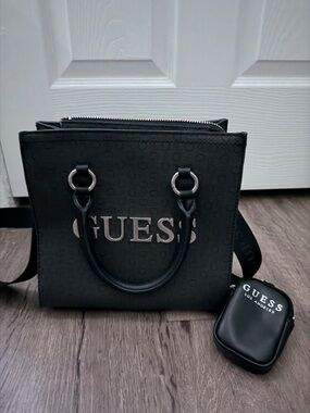 GUESS Black Satchel Bag Crossbody Logo Handbag with Pouch